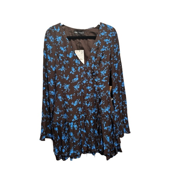 💙 ZARA Brown & Blue Floral V-Neck Ruffle Hem Dress – Size S | New with Tags - Picture 7 of 11